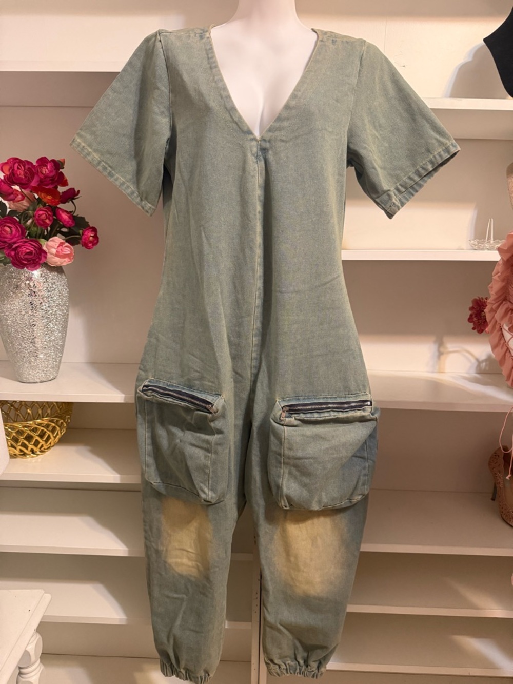 Washed Blue Utility Jumpsuit - Women L - Picture 2 of 9